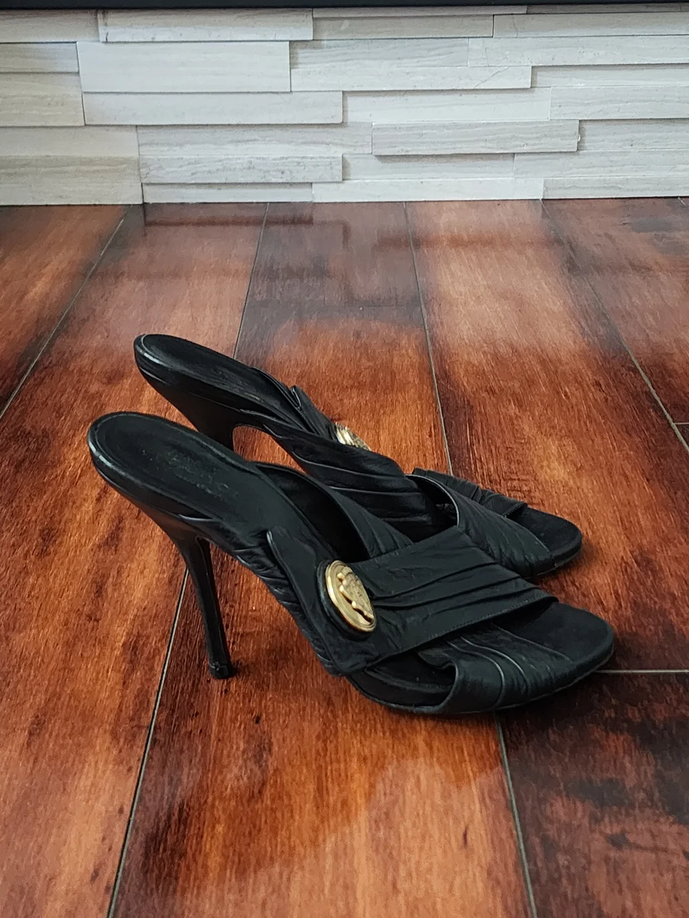 Gucci Black Leather High Heel Slide with Gold Medallion